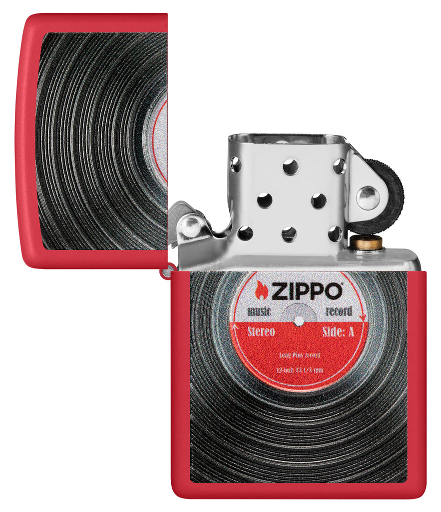 Zippo Vinyl Record Texture Print Red Matte Windproof Lighter with its lid open and unlit.