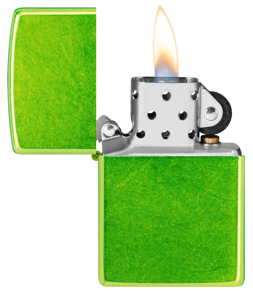 Zippo Classic Lurid Windproof Lighter with its lid open and lit.