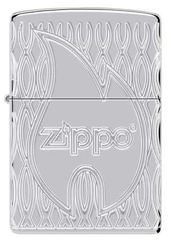 Front view of Zippo Flame Design Armor High Polish Chrome Windproof Lighter.