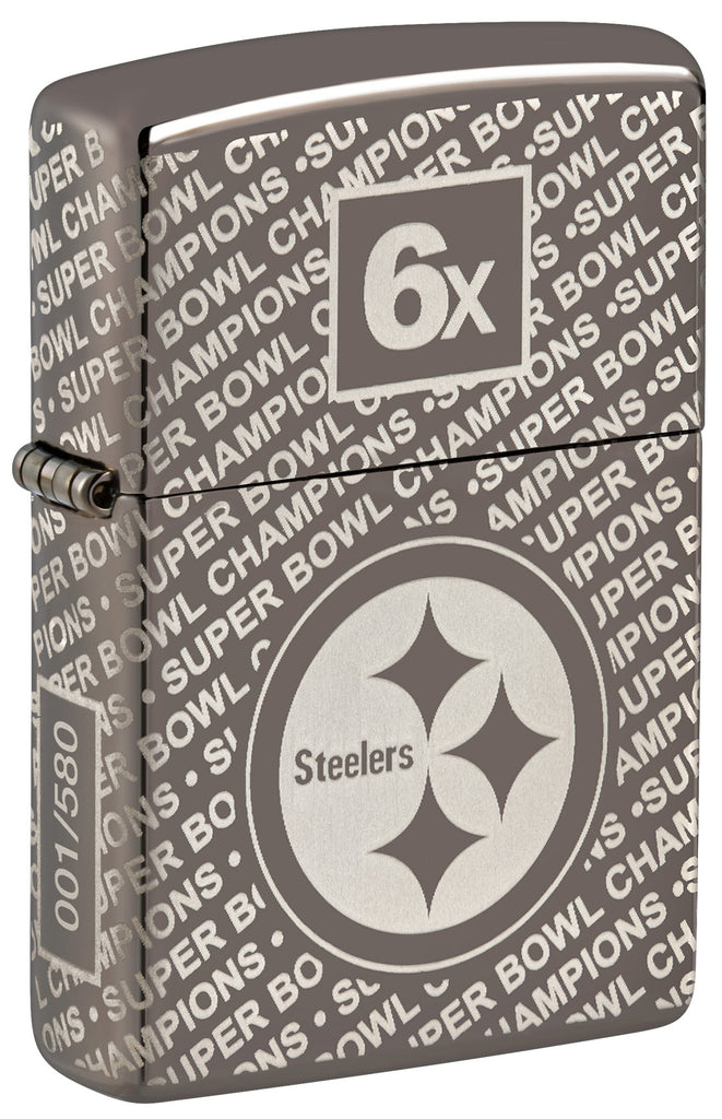 Front shot of Zippo NFL Pittsburgh Steelers Super Bowl Commemorative Armor Black Ice Windproof Lighter standing at a 3/4 angle.
