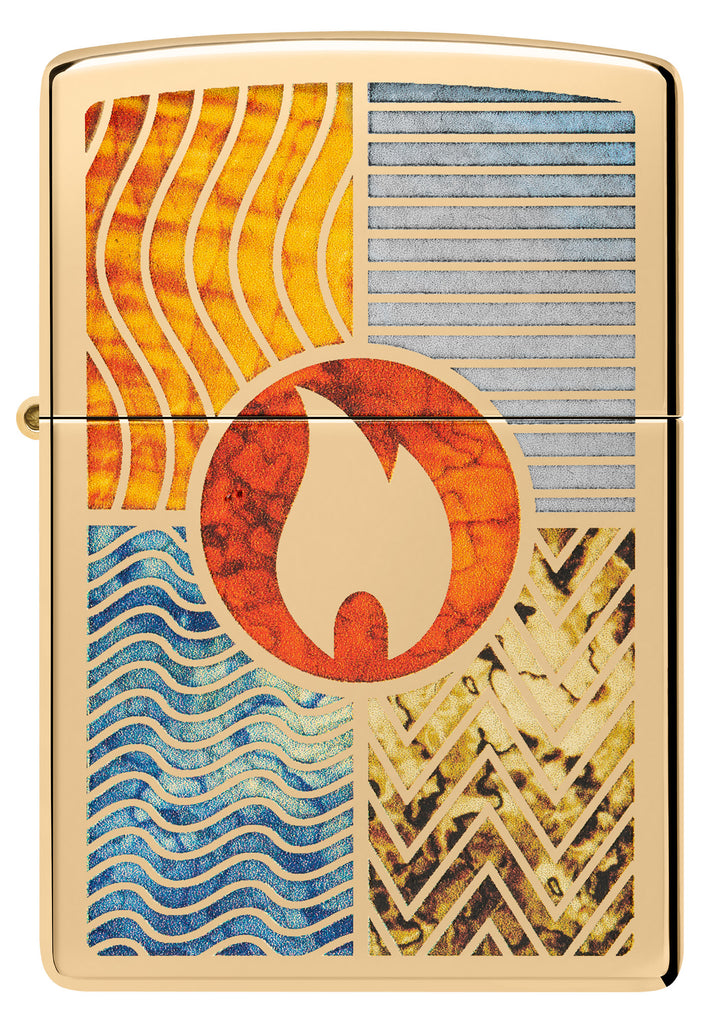 Front view of Zippo Elements of Earth Design High Polish Brass Windproof Lighter.