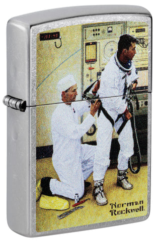 Front view of Zippo Norman Rockwell Astronaut Street Chrome Windproof Lighter standing at a 3/4 angle.