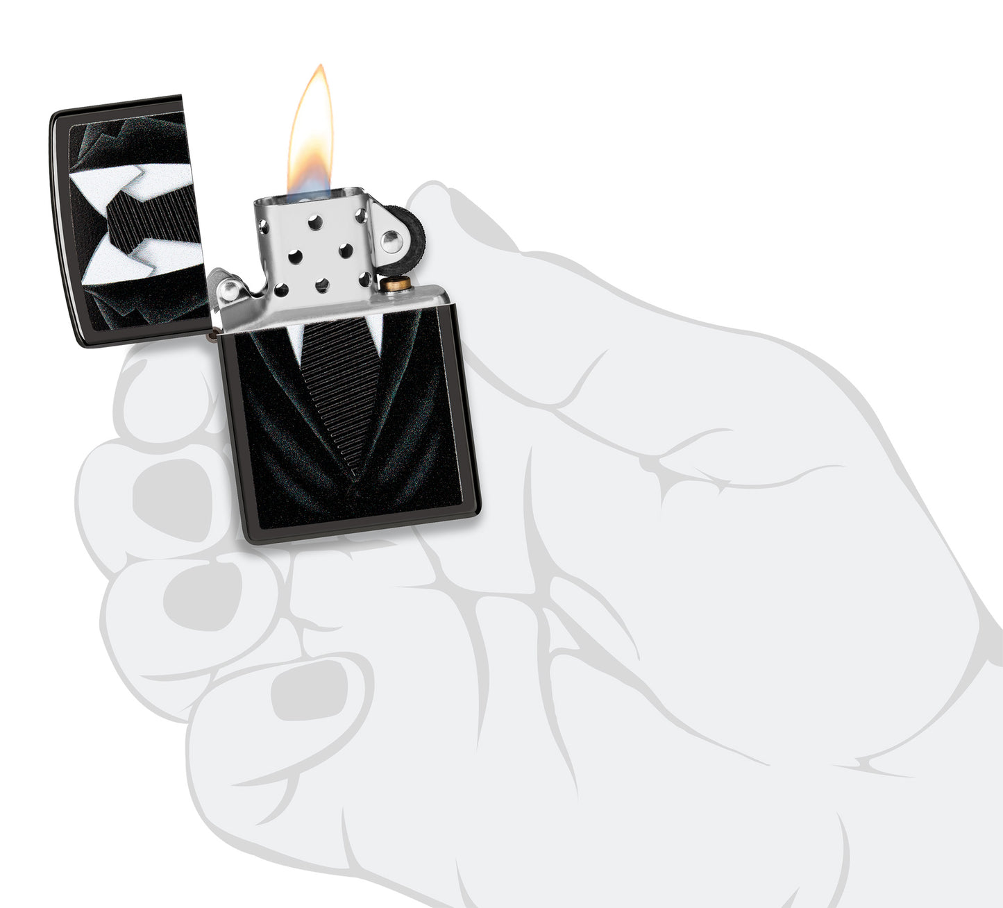 Black Tie Design Windproof Lighter lit in hand