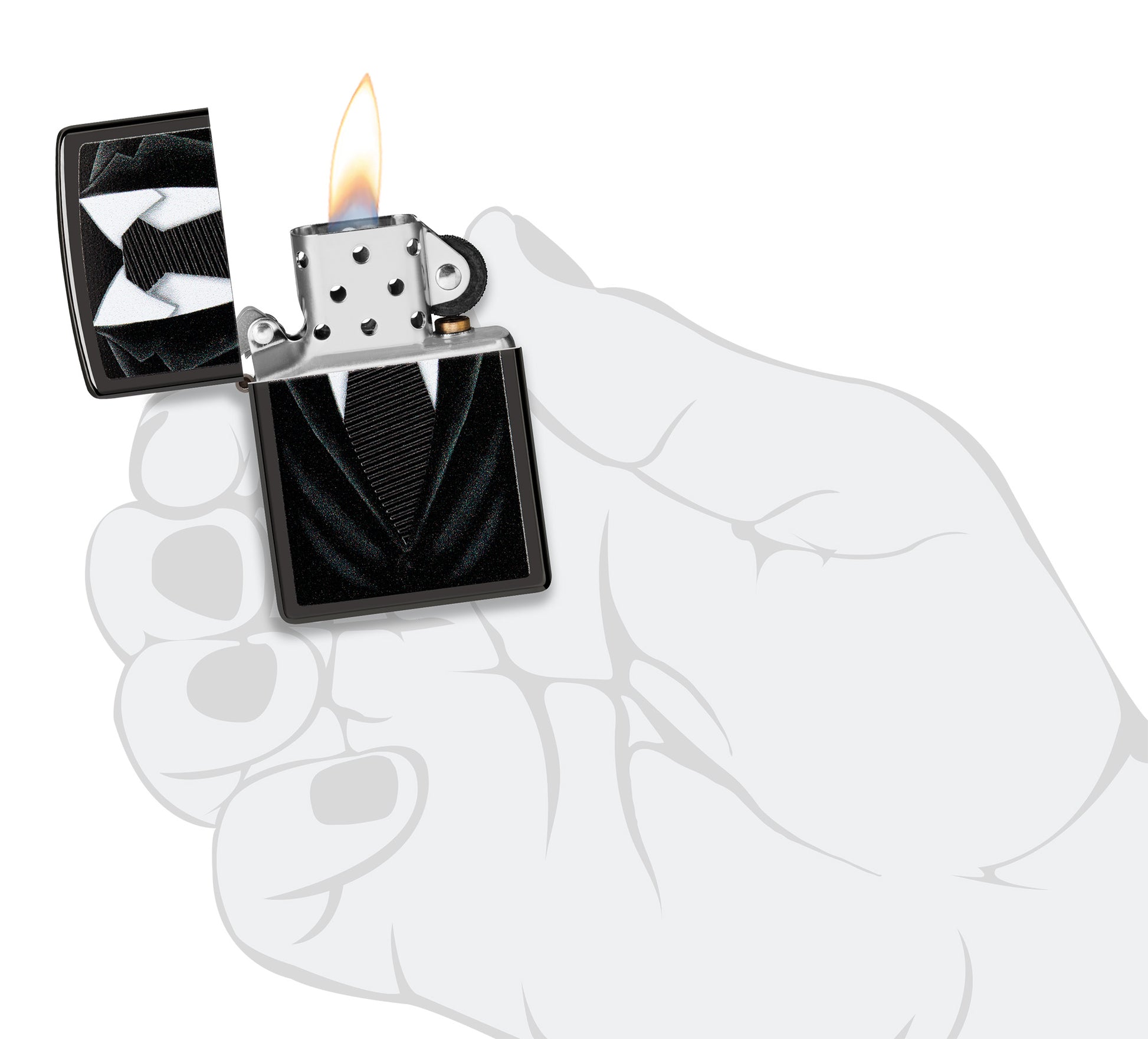 Black Tie Design Windproof Lighter lit in hand