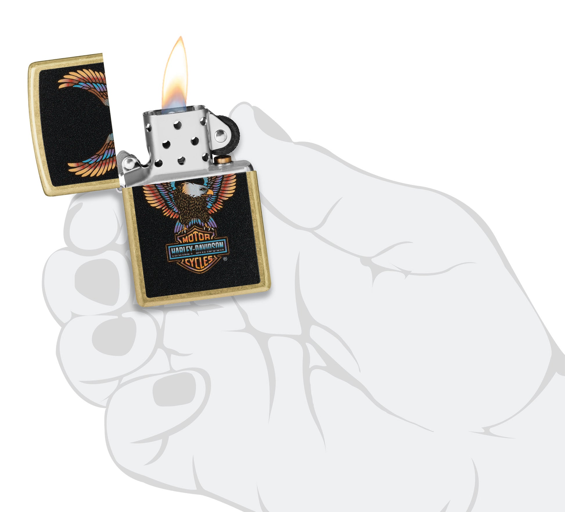 Zippo Harley-DavidsonÂ® Eagle Street Brass Windproof Lighter lit in hand.