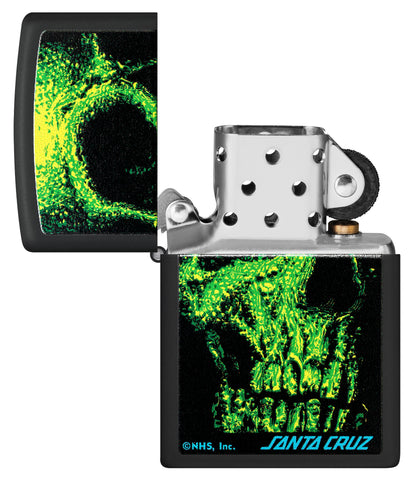 Zippo Santa Cruz Skull Design Black Matte Windproof Lighter with its lid open and unlit.