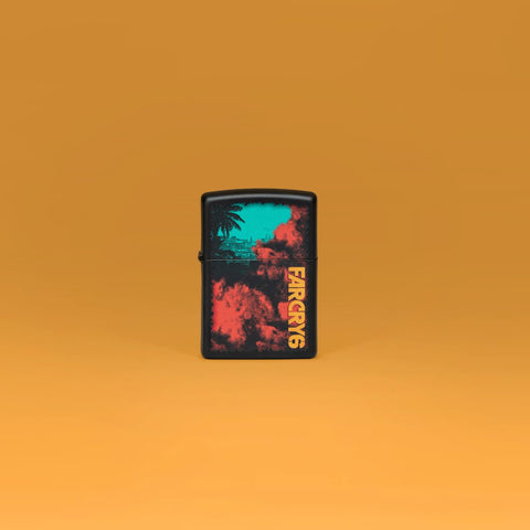 Lifestyle image of Zippo Far Cry Design Black Matte Windproof Lighter standing in an orange scene.