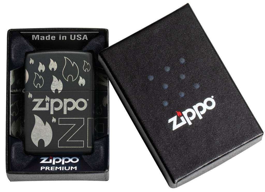 Zippo Design Black Matte with Chrome Windproof Lighter in its packaging.