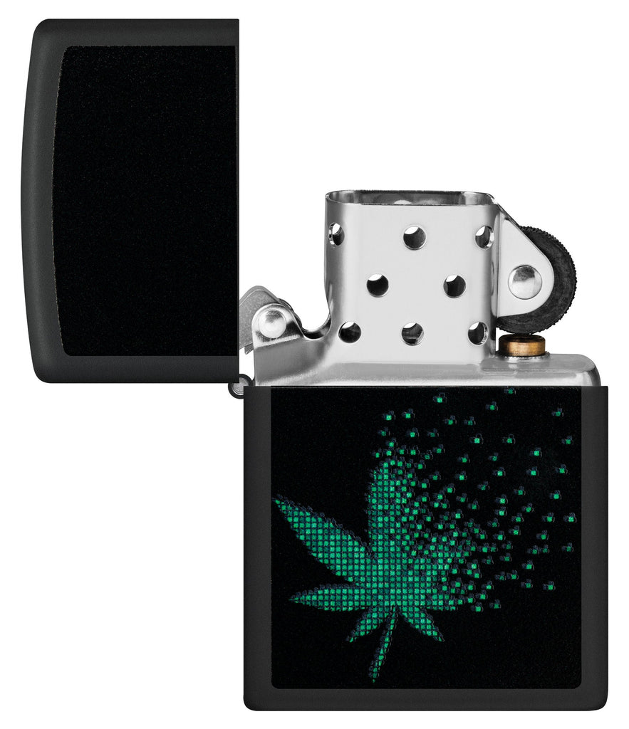 Zippo Black Light Pixel Cannabis Design Black Matte Windproof Lighter with its lid open and unlit.