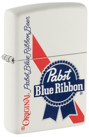 Front shot of Zippo Pabst Blue Ribbon Design White Matte Windproof Lighter standing at a 3/4 angle.