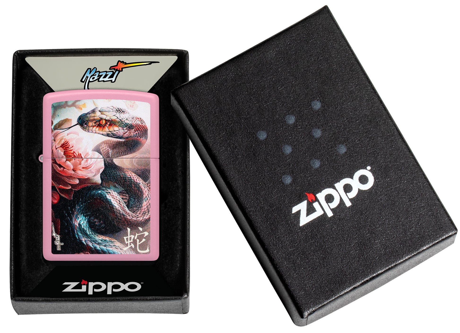 Zippo MazziÂ® Snake and Flower Design Pink Matte Windproof Lighter in its packaging.