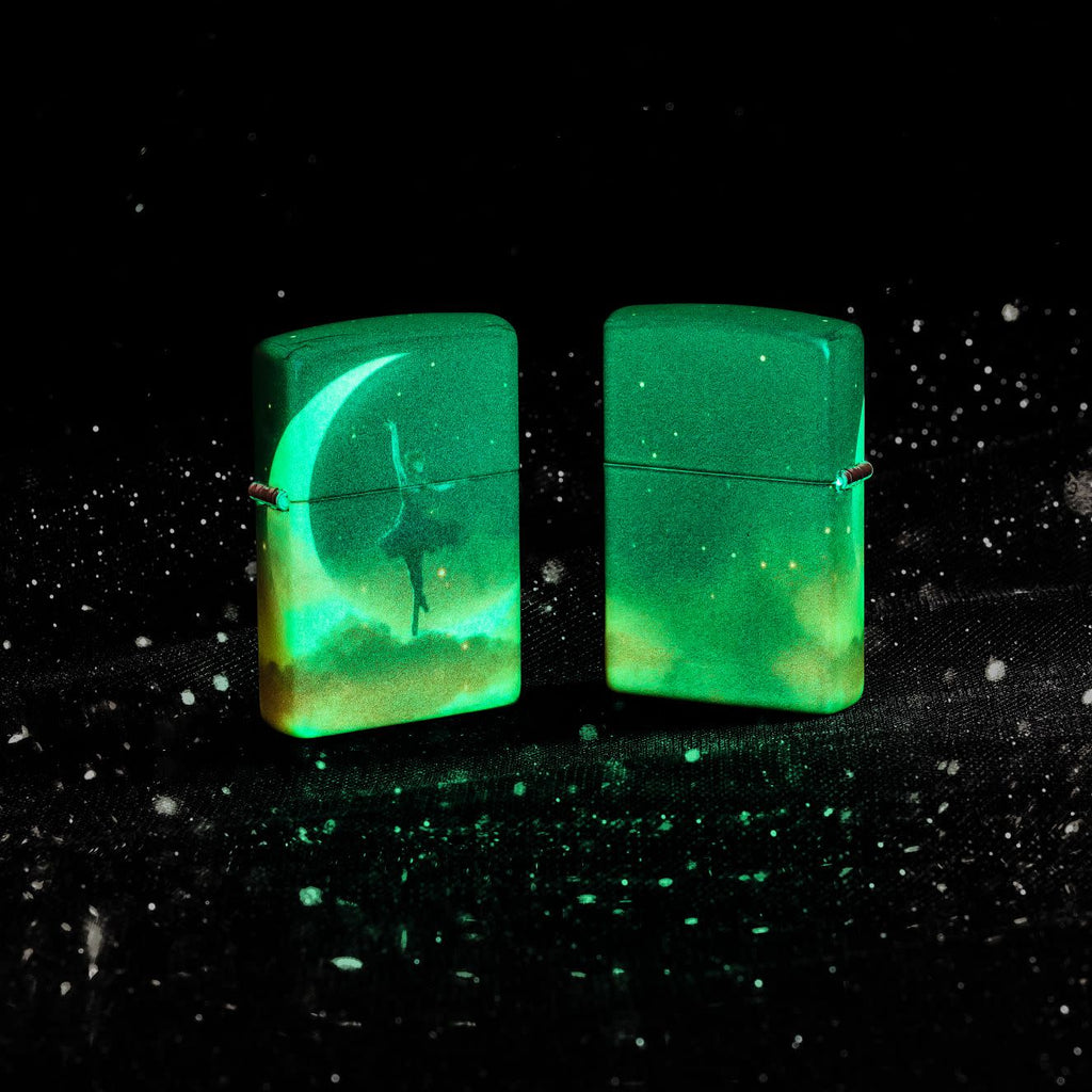 Lifestyle image of Zippo Mythological Design Glow in the Dark Green Matte Windproof Lighter glowing in the dark.