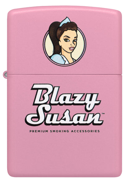 Front view of Zippo Blazy Susan™ Pink Logo Design Pink Matte Windproof Lighter.