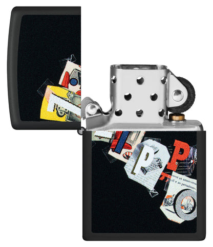 Zippo Cut and Paste Design Black Matte Windproof Lighter with its lid open and unlit.