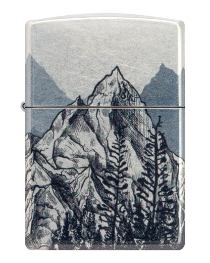 Front view of Zippo Mountain Sketch Design 540 Tumbled Chrome Windproof Lighter.