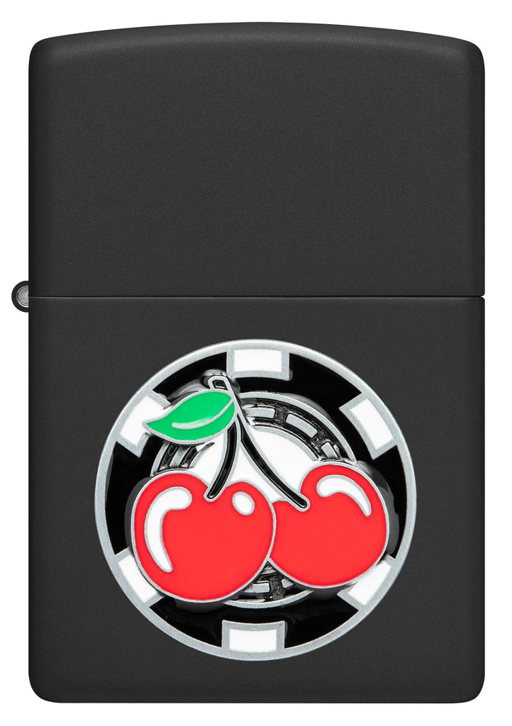 Front shot of Zippo Poker Chip with Cherries Emblem Black Matte Windproof Lighter.