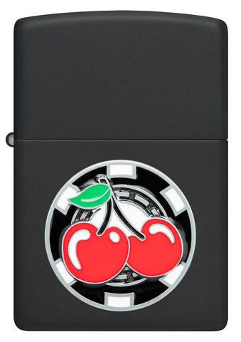Front shot of Zippo Poker Chip with Cherries Emblem Black Matte Windproof Lighter.