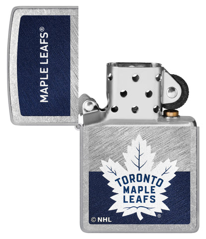 NHL® Toronto Maple Leafs Street Chrome™ Windproof Lighter with its lid open and unlit