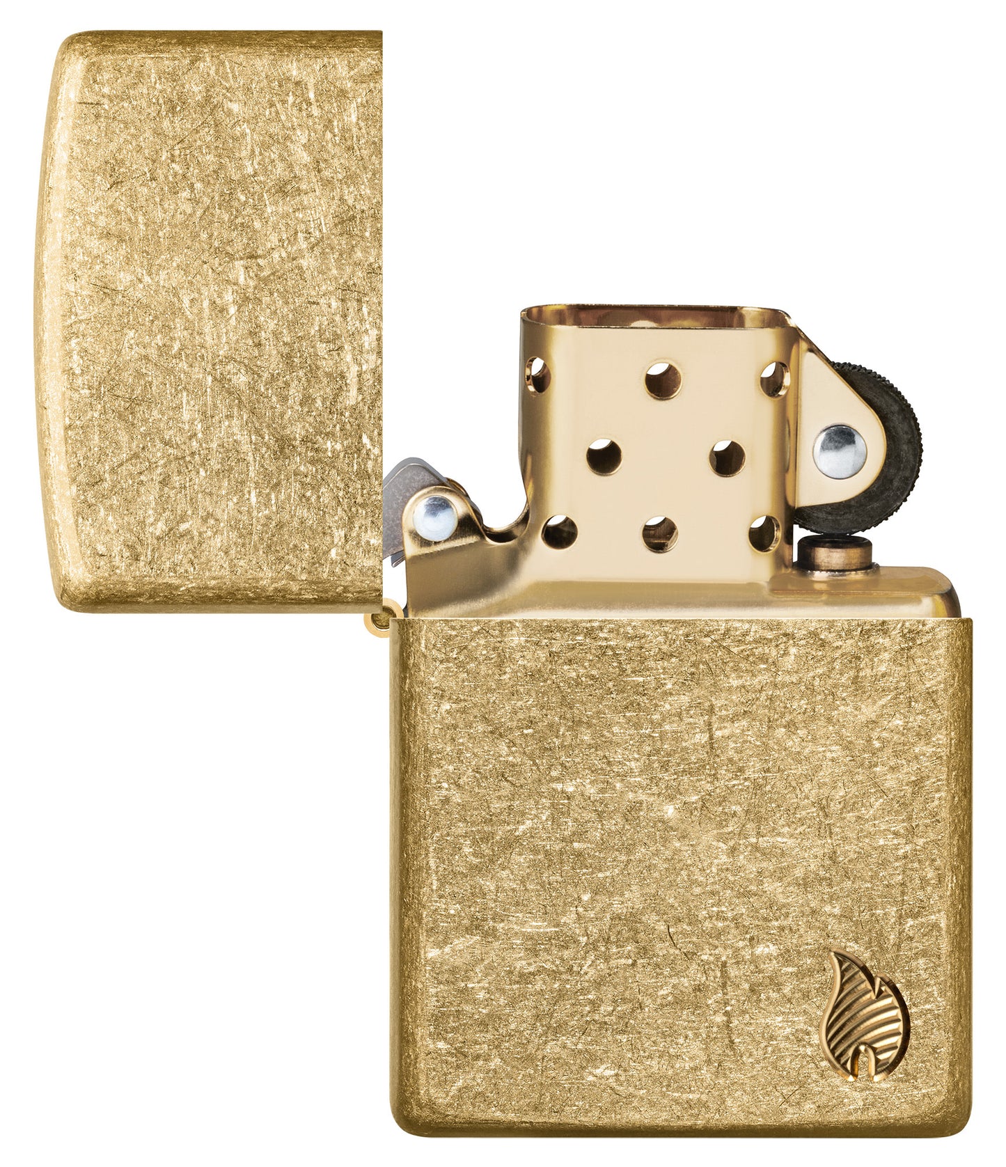 Zippo ArmorÂ® Series Flame Tumbled Brass Windproof Lighter with its lid open and unlit.