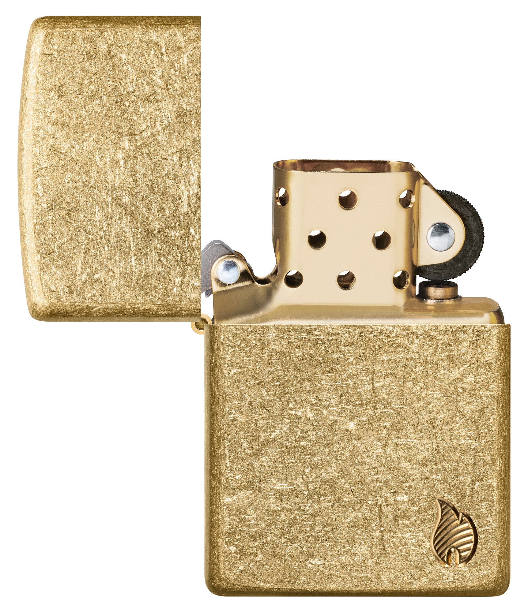 Zippo ArmorÂ® Series Flame Tumbled Brass Windproof Lighter with its lid open and unlit.