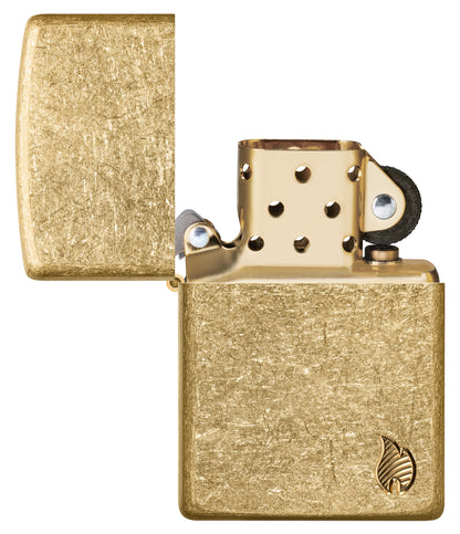 Zippo ArmorÂ® Series Flame Tumbled Brass Windproof Lighter with its lid open and unlit.