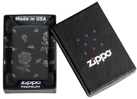 Zippo Flower Skulls Design Black Matte with Chrome Windproof Lighter in its packaging.