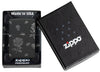 Zippo Flower Skulls Design Black Matte with Chrome Windproof Lighter in its packaging.