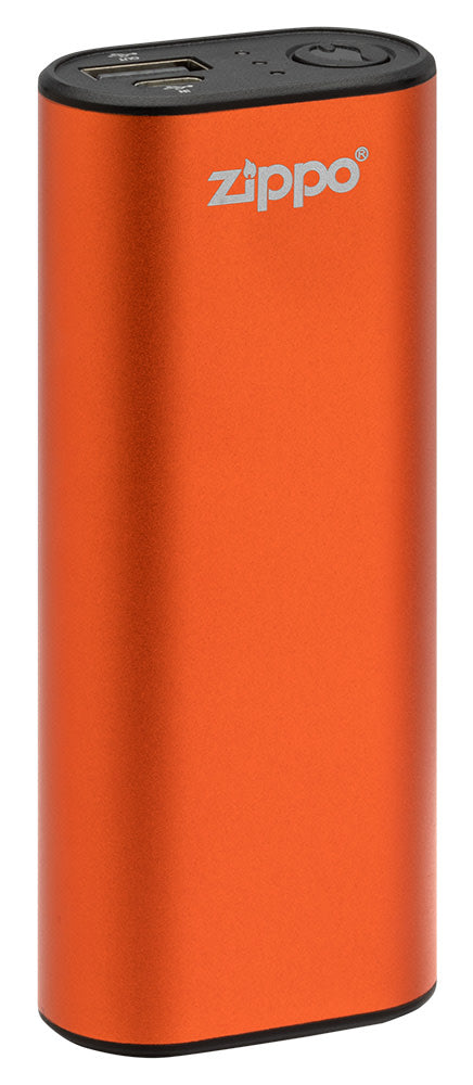 Orange HeatBankÂ® 6 Rechargeable Hand Warmer standing at a slight angle