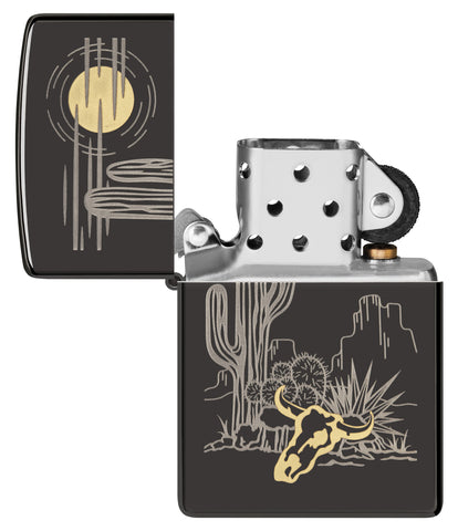 Zippo Western Design High Polish Black Windproof Lighter with its lid open and unlit.