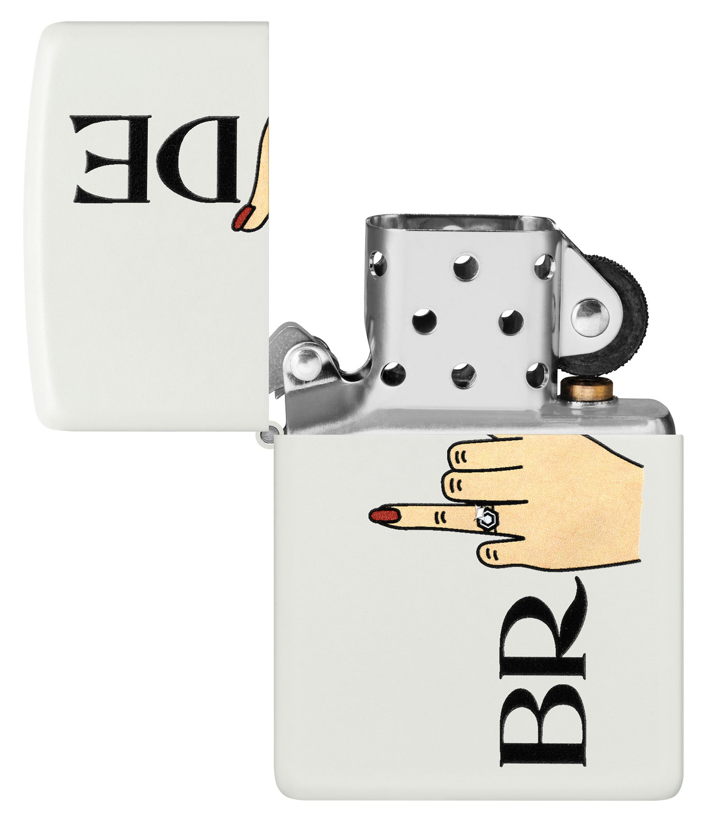 Finger Bling Design Windproof Lighter with its lid open and unlit