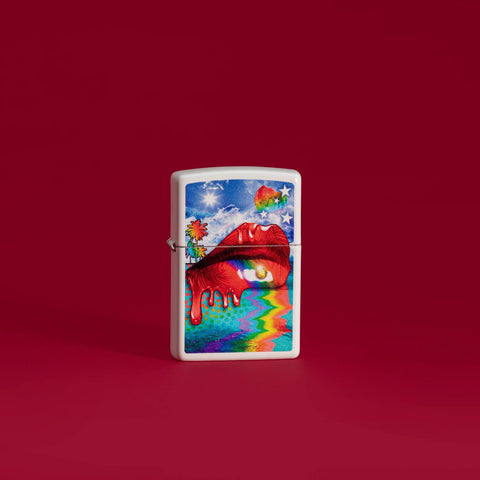 Lifestyle image of Zippo Lip Fantasy White Matte Windproof Lighter on a red background.