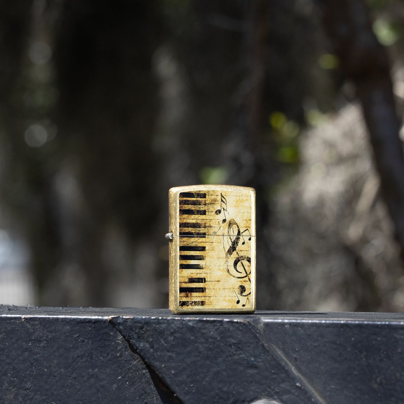 Lifestyle image of Zippo Nothing but Treble Design Street Brass Windproof Lighter standing on a black railing. with blurred nature scenery in the background.