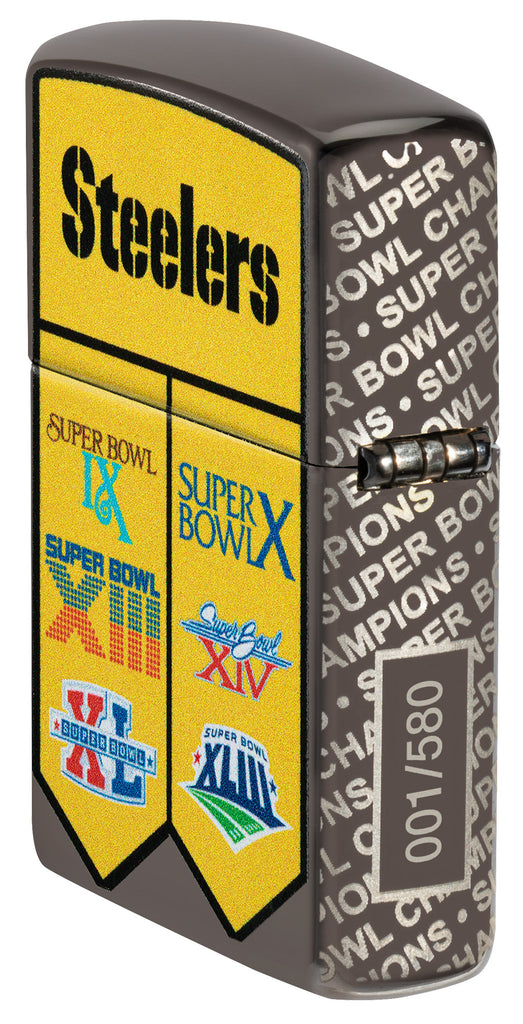Angled shot of Zippo NFL Pittsburgh Steelers Super Bowl Commemorative Armor Black Ice Windproof Lighter showing the back and hinge side of the lighter.