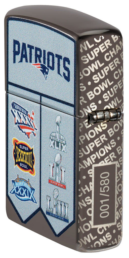 Angled shot of Zippo NFL New England Patriots Super Bowl Commemorative Armor Black Ice Windproof Lighter showing the back and hinge side of the lighter.