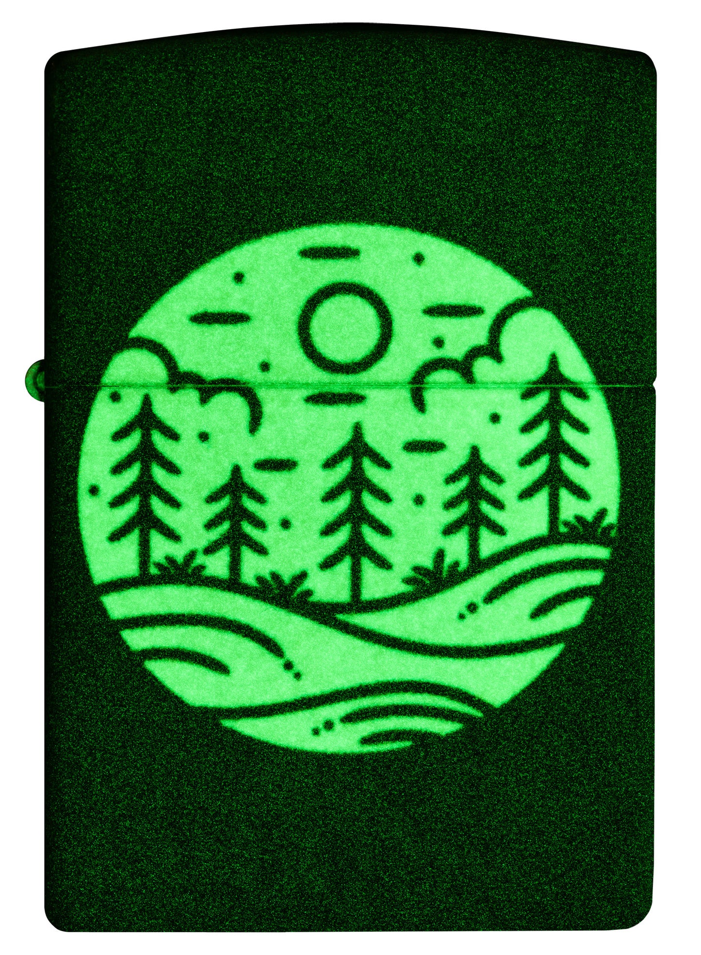 Front view of Zippo Moonlit Field Design 540 Color Glow in the Dark Windproof Lighter glowing in the dark.