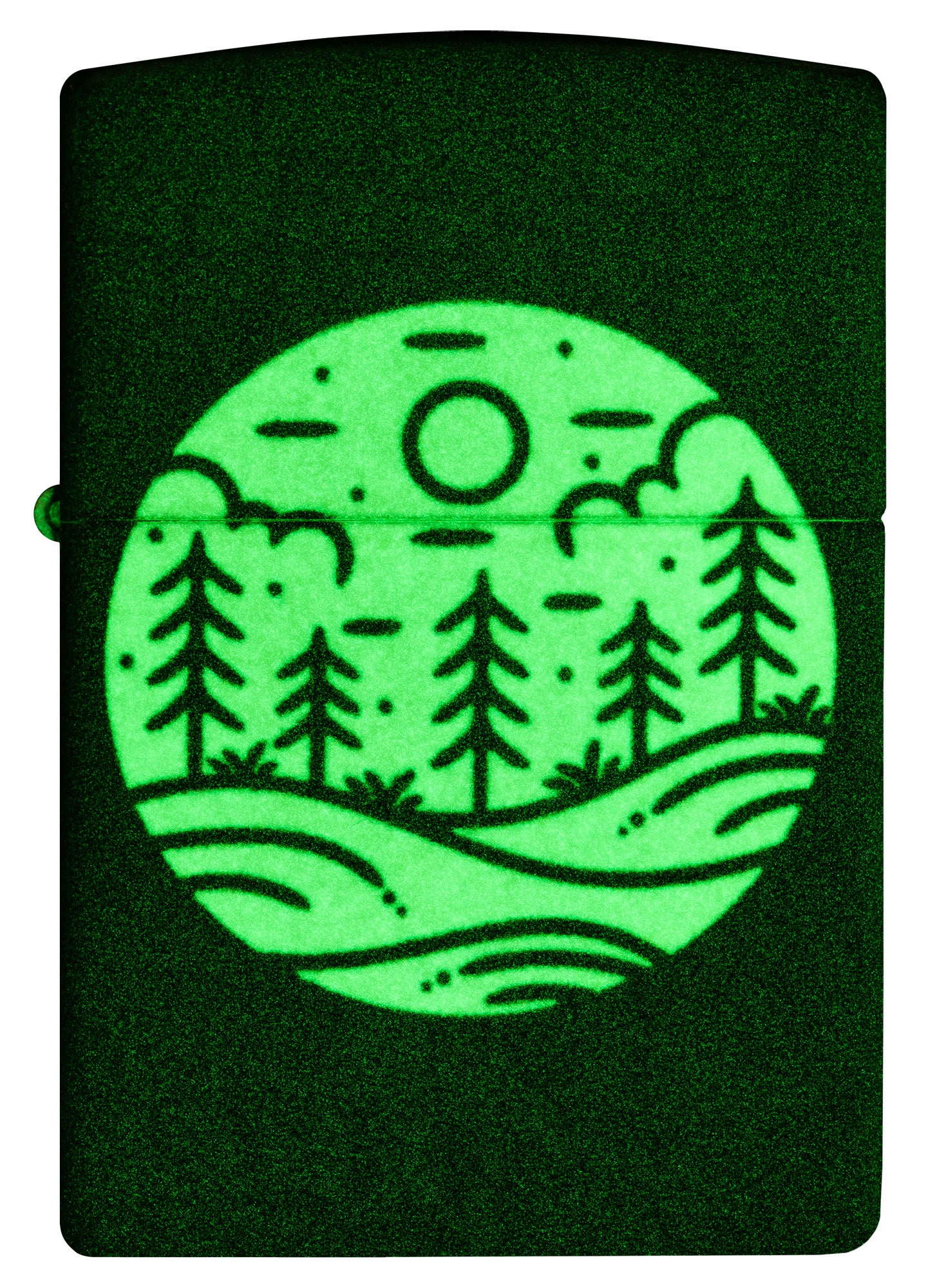 Front view of Zippo Moonlit Field Design 540 Color Glow in the Dark Windproof Lighter glowing in the dark.
