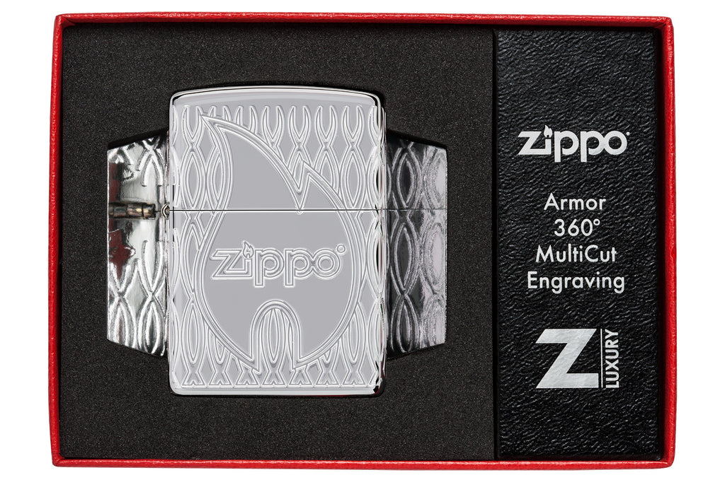 Zippo Flame Design Armor High Polish Chrome Windproof Lighter in its packaging.