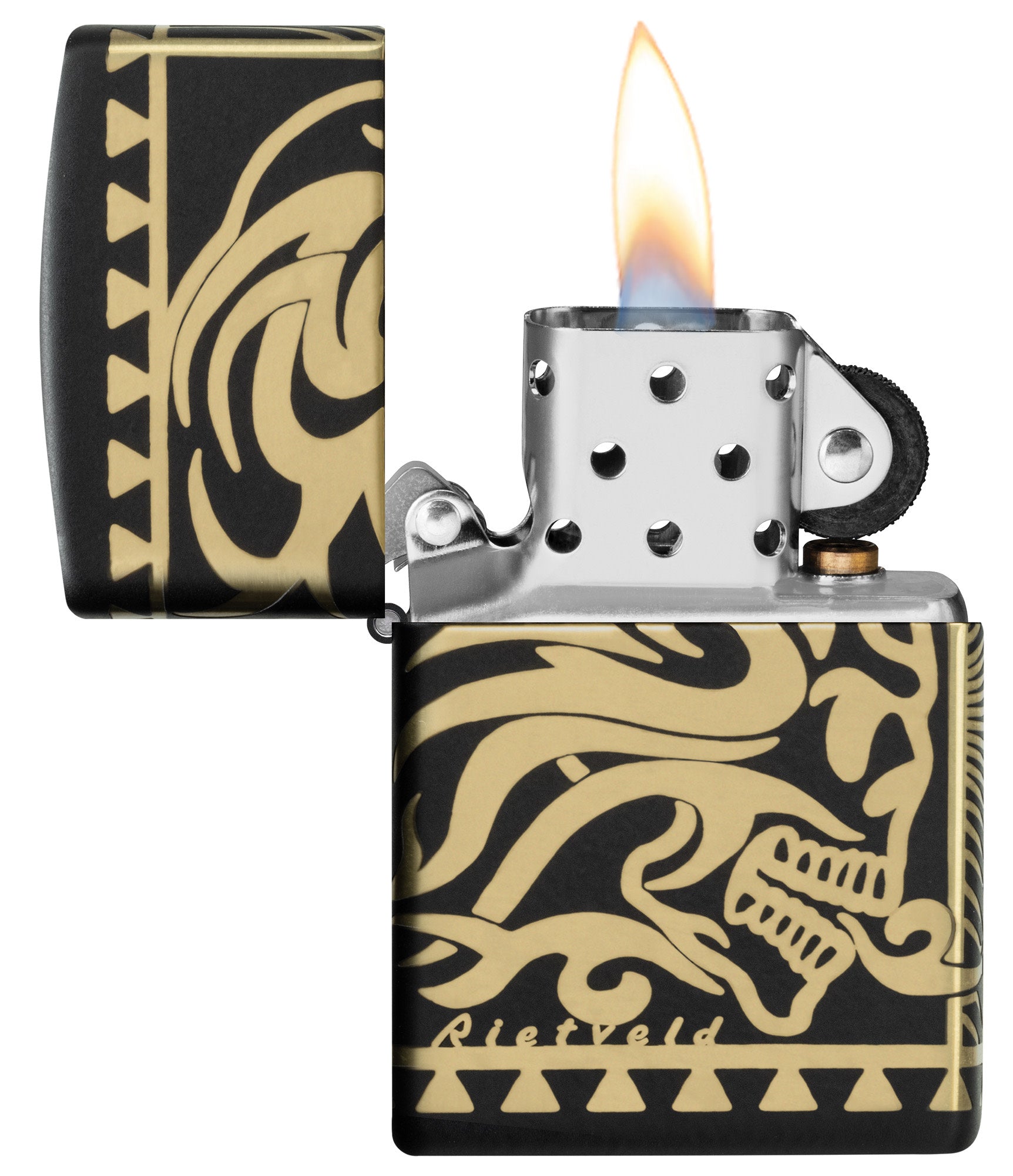 Zippo Rick Rietveld Laser 360 Black Matte Windproof Lighter with its lid open and lit.