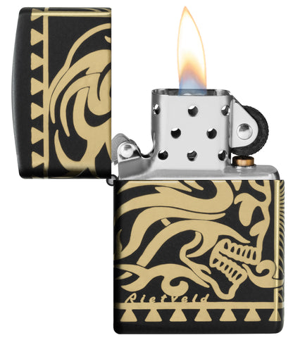 Zippo Rick Rietveld Laser 360 Black Matte Windproof Lighter with its lid open and lit.