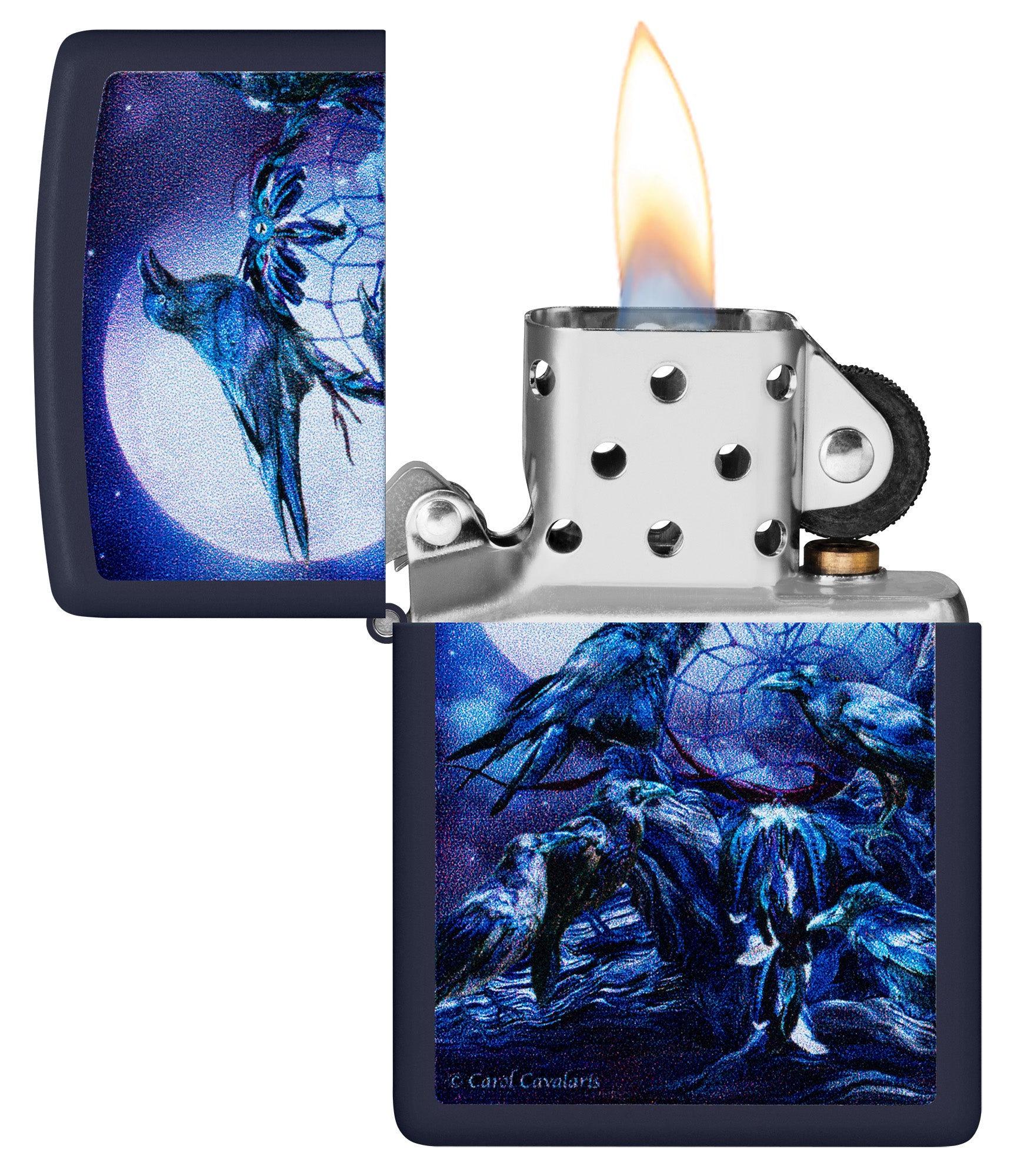 Zippo Carol Cavalaris Raven dreams Design Navy Matte Windproof Lighter with its lid open and lit.