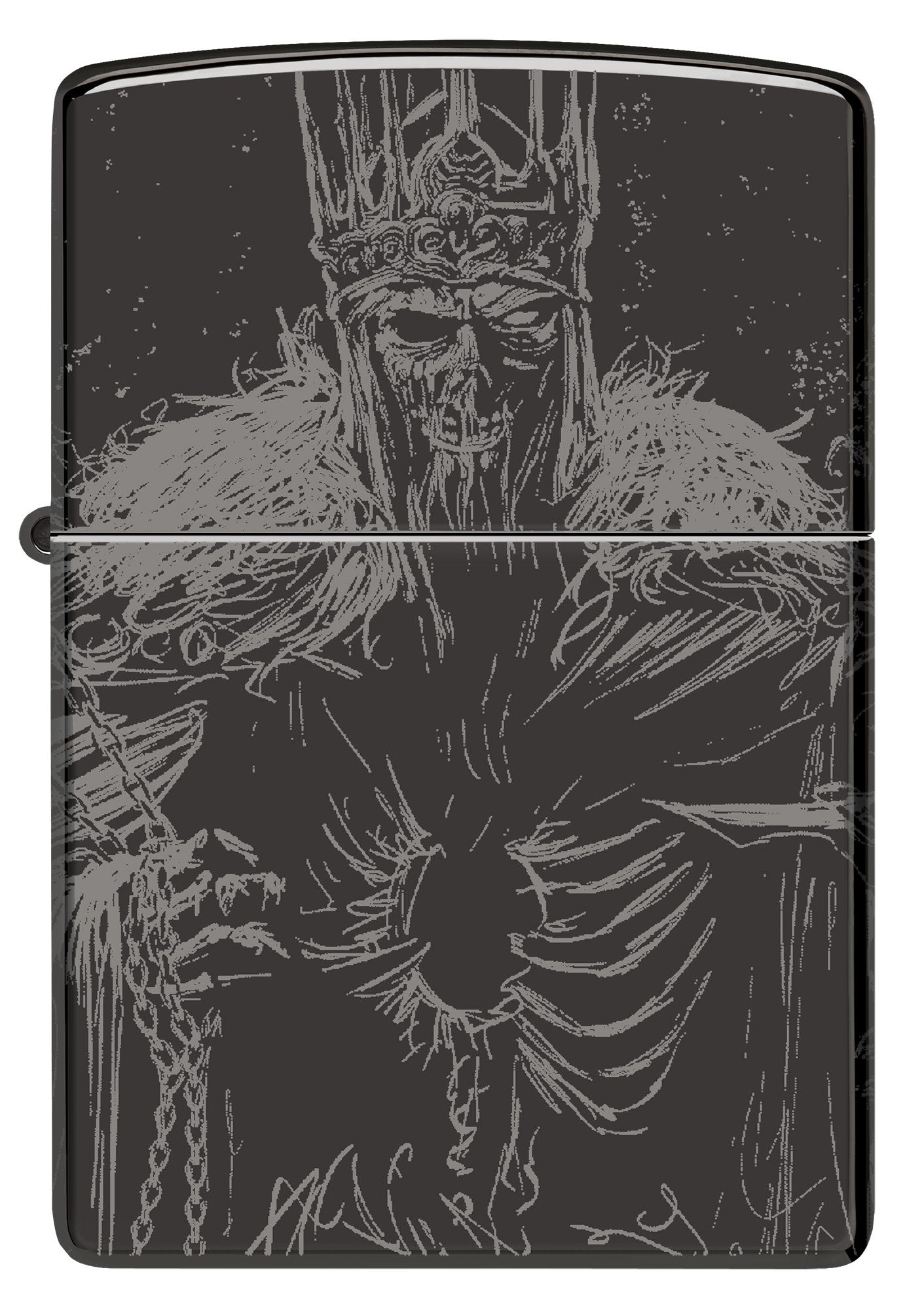 Front view of Zippo Skull King Design High Polish Black Windproof Lighter.