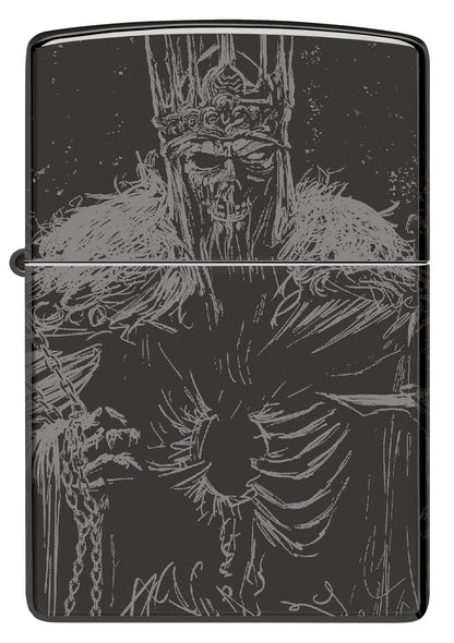 Front view of Zippo Skull King Design High Polish Black Windproof Lighter.