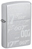 Front shot of Zippo James Bond Satin Chrome Windproof Lighter standing at a 3/4 angle.