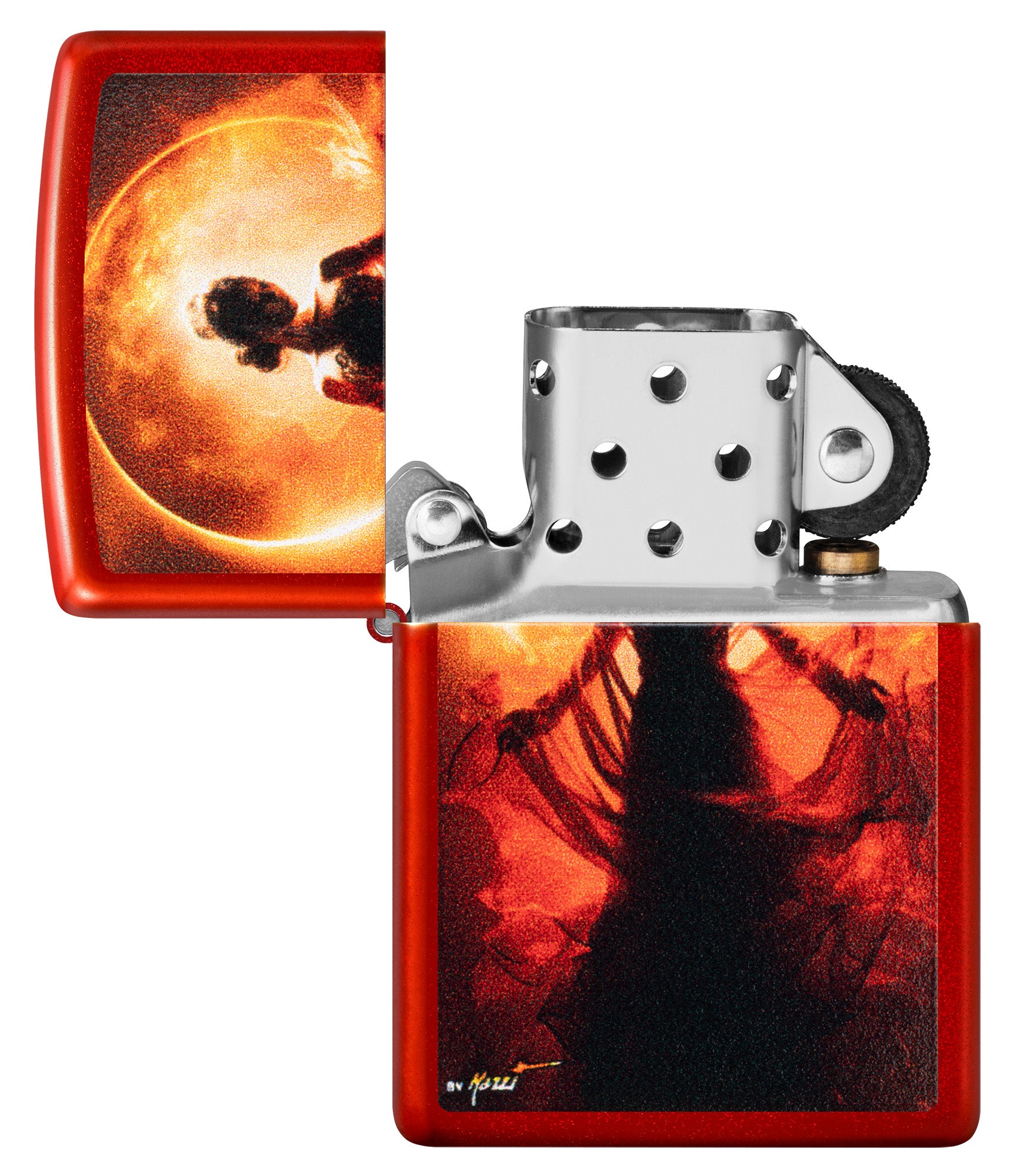 Zippo MazziÂ® Woman Silhouette Metallic Red Windproof Lighter with its lid open and unlit.
