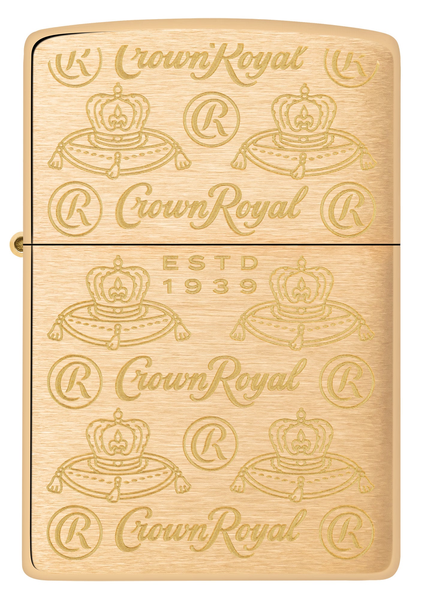 Front view of Zippo Crown Royal Elegance Design Brushed Brass Windproof Lighter.