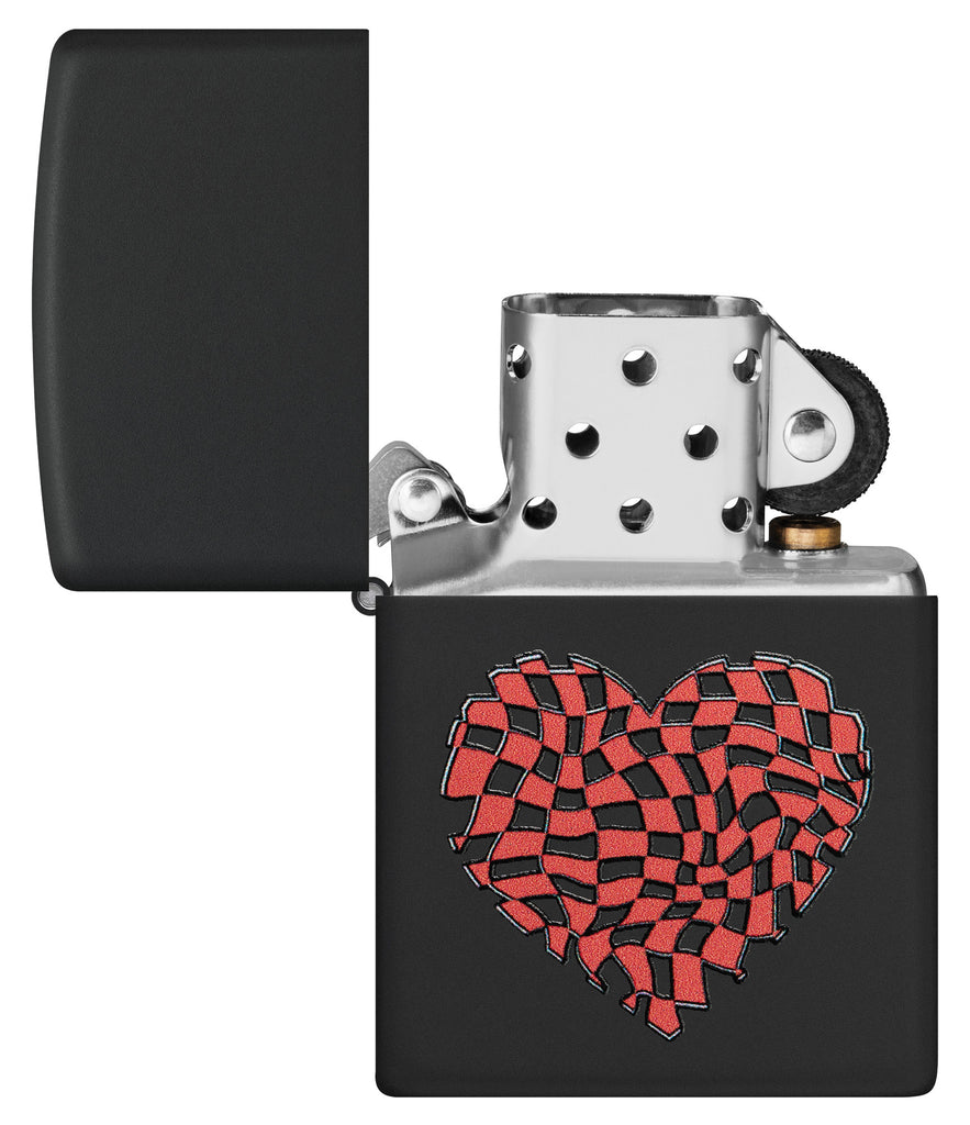 Zippo Heart Design Black Matte Windproof Lighter with its lid open and unlit.