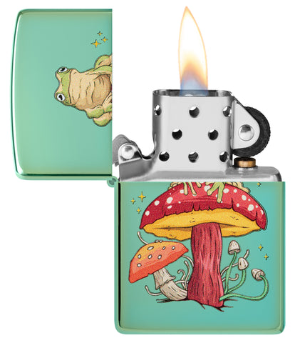 Zippo Mystical Frog Design High Polish Green Windproof Lighter with its lid open and lit.