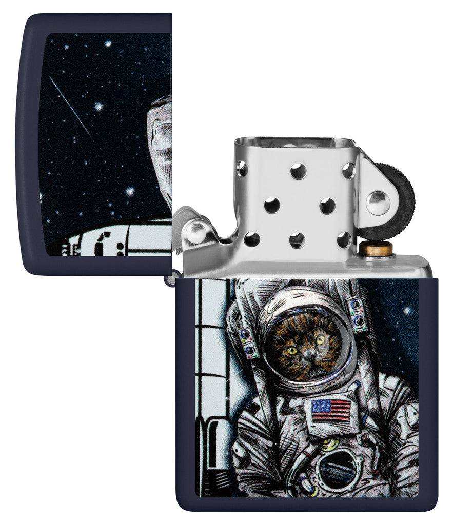 Zippo Space Kitten Navy Matte Windproof Lighter with its lid open and unlit.