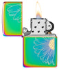 Zippo Daisy Design Multi Color Windproof Lighter with its lid open and lit.
