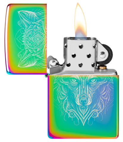 Zippo Mystic Wolf Design Multi Color Windproof Lighter with its lid open and lit.